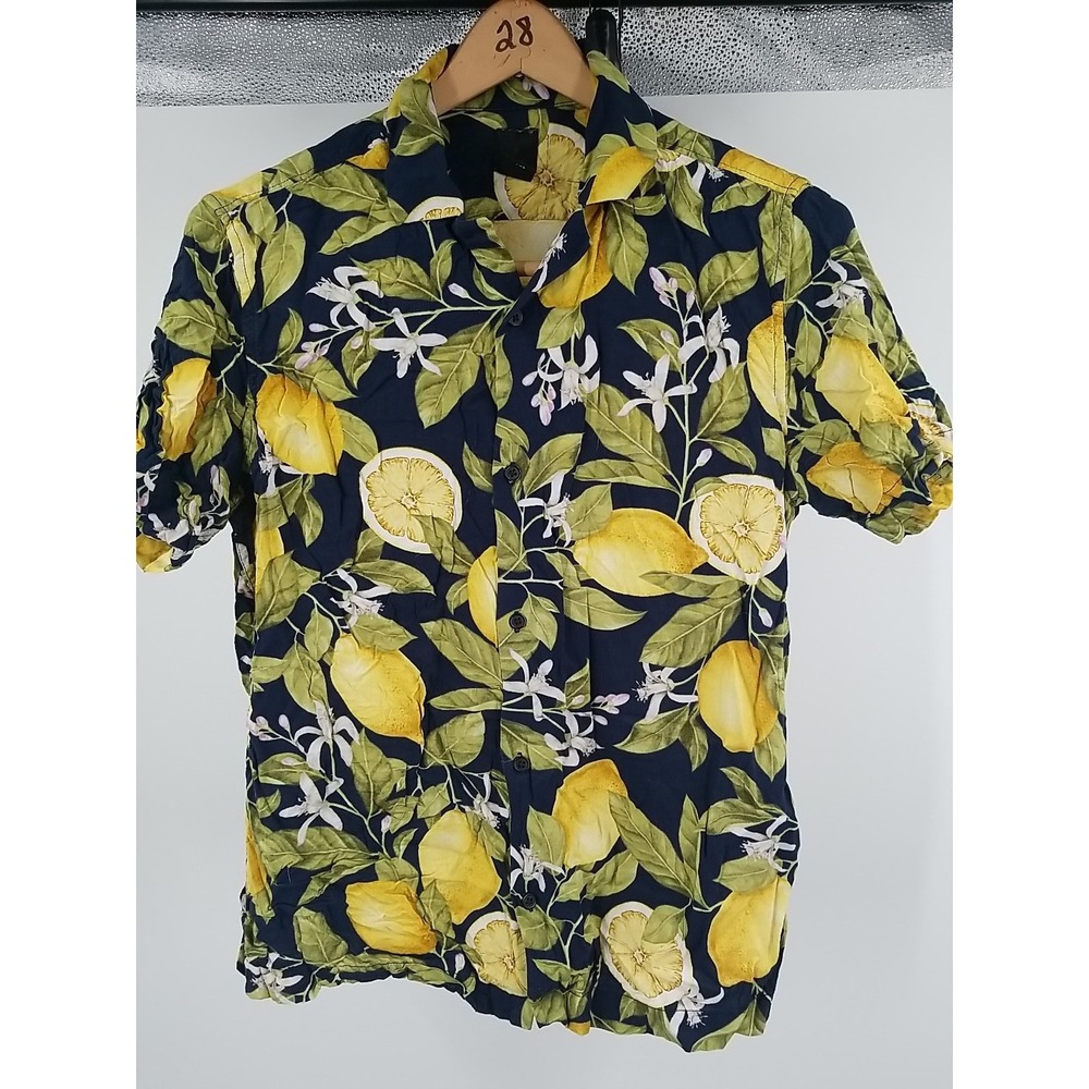 H&M Mens Short Sleeve Hawaiian Floral Button Up Yellow Blue Lemon Small Shirt‎